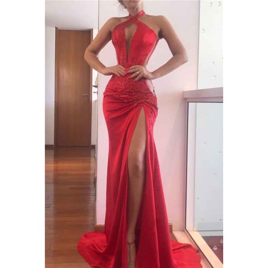 Sequined Split Front Mermaid Evening Gowns Halter Chic Prom dresses