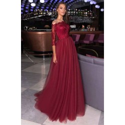 Lace A-line Bateau Evening Gowns Burgundy Party Dresses