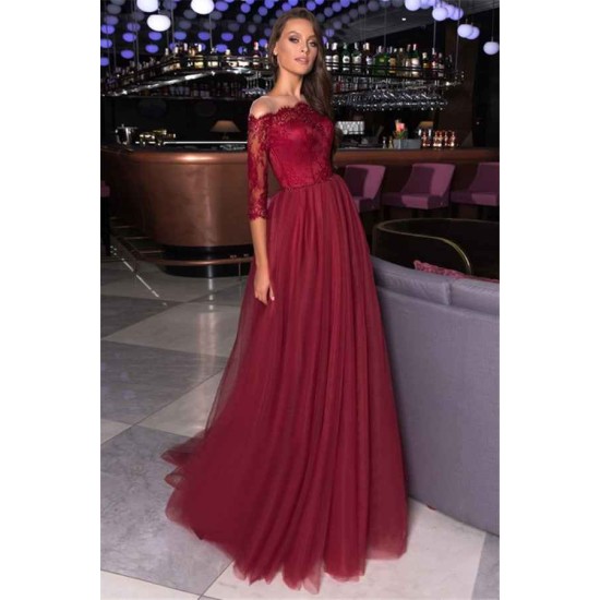 Lace A-line Bateau Evening Gowns Burgundy Party Dresses