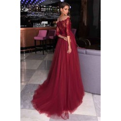 Lace A-line Bateau Evening Gowns Burgundy Party Dresses