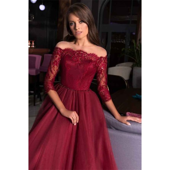 Lace A-line Bateau Evening Gowns Burgundy Party Dresses