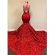 Burgundy Halter Mermaid V-neck Low back Flowers Prom Dresses