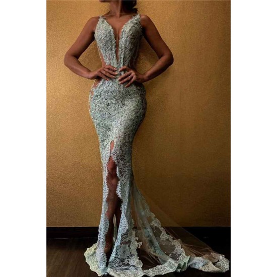 Lace Mermaid V-neck Lace Evening Gowns Split Front Party Dresses