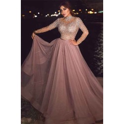 Beading A-line High-neck Evening Dresses Floor Length Prom Dresses