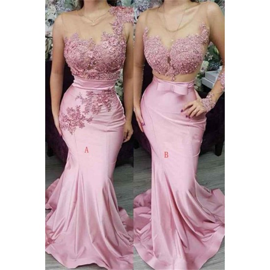 Appliques Lace Mermaid Evening Dresses Pink Formal Dresses
