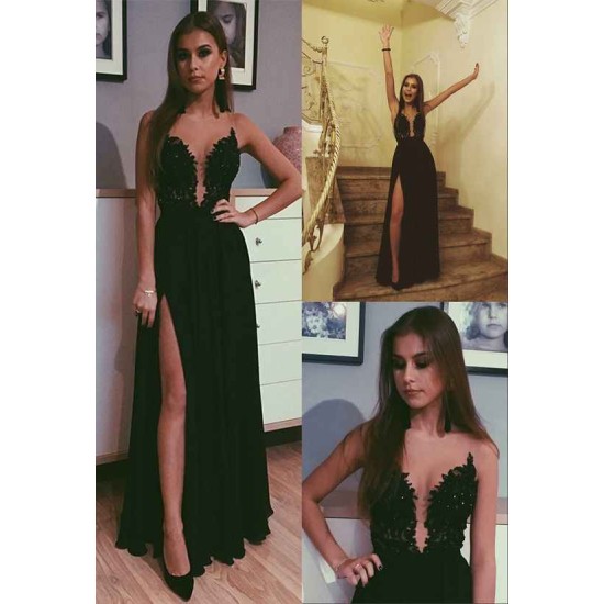 V-neck A-line Lace Sleeveless Evening Dress Chic Side Slit Party Gowns