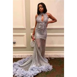 Unique Lace Appliques Halter Prom Dresses with Feather Hollow Fit and Flare Train Evening Gowns