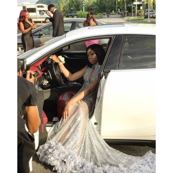 Unique Lace Appliques Halter Prom Dresses with Feather Hollow Fit and Flare Train Evening Gowns