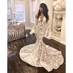 Elegant Fit and Flare Unique Lace Appliques Prom Dresses Long Sleeves Sheer Tulle Evening Gowns