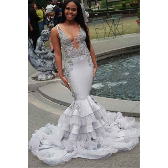 Elegant Straps Unique Lace Appliques Prom Dresses Alluring Sheer Tulle Ruffles Evening Gowns