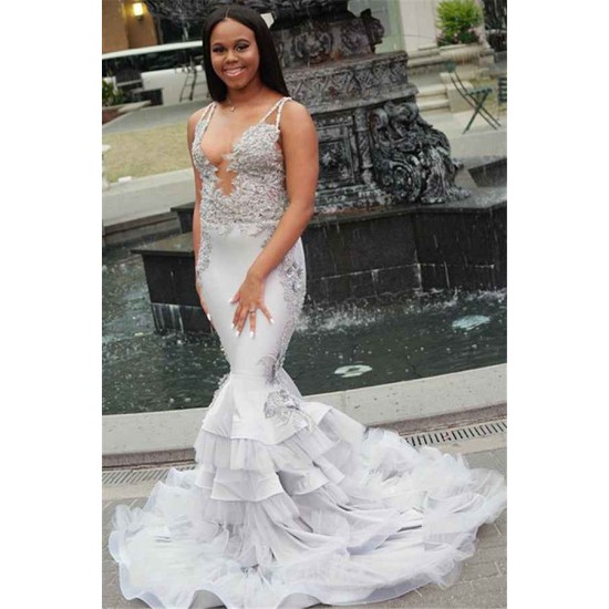 Elegant Straps Unique Lace Appliques Prom Dresses Alluring Sheer Tulle Ruffles Evening Gowns