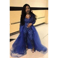 Special Style Long Sleevess Scoop Jumpsuit With Detachable Tulle Skirt Royal Blue Party Gowns