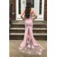 Beautiful Off-the-shoulder Mermaid Lace Appliques Pearl Pink Bridesmaid Dress with Belt