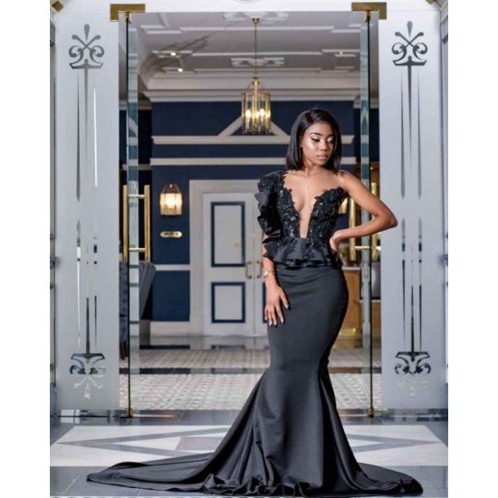 Chic Mermaid Deep V-neck Sleeveless Ruffles Appliques Prom Dresses Chic Long Evening Dresses With Chapel Train