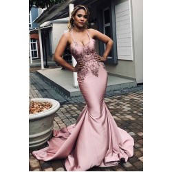 Elegantable Spaghetti Straps Appliques Chic Mermaid Prom Dresses Trendy Crossed Shoulder strap Long Evening Dresses