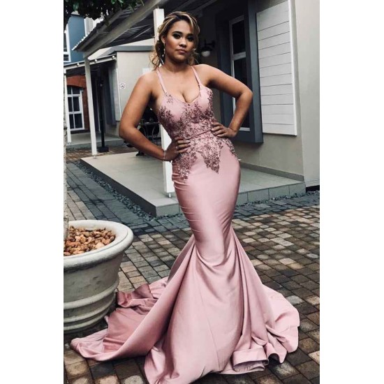 Elegantable Spaghetti Straps Appliques Chic Mermaid Prom Dresses Trendy Crossed Shoulder strap Long Evening Dresses