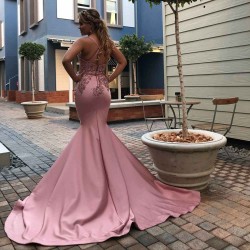 Elegantable Spaghetti Straps Appliques Chic Mermaid Prom Dresses Trendy Crossed Shoulder strap Long Evening Dresses