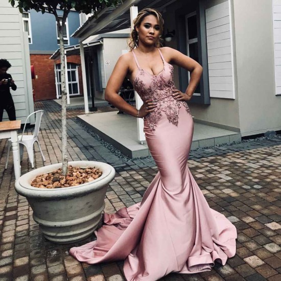 Elegantable Spaghetti Straps Appliques Chic Mermaid Prom Dresses Trendy Crossed Shoulder strap Long Evening Dresses