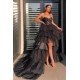 Chic Strapless Sweetheart Hi-Lo Tulle Prom Dresses Sheer Ruffles Evening Dresses With Chapel Train