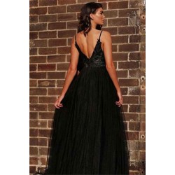 Black Spaghetti Straps Open Back Evening Gowns Chic Sleeveless Backless V-neck Formal Dresses With Slit