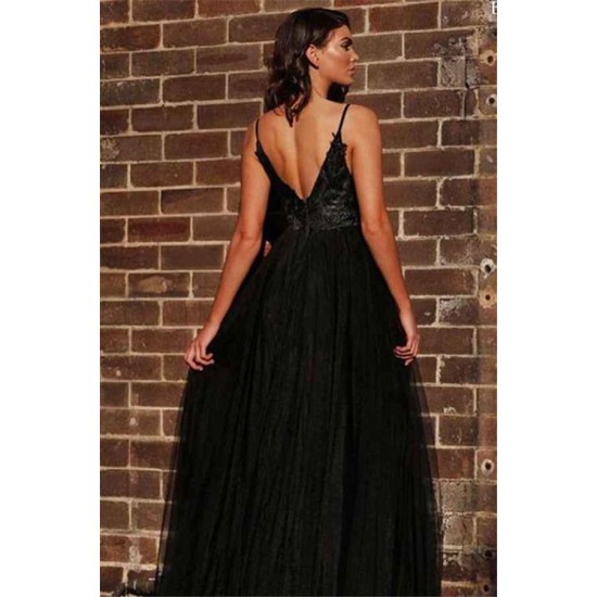 Black Spaghetti Straps Open Back Evening Gowns Chic Sleeveless Backless V-neck Formal Dresses With Slit