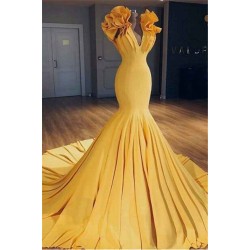Ginger Yellow Fit and Flare Prom Dresses Ruffles Court Train Wholesale Evening Gowns