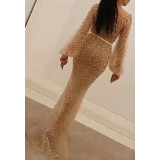 Wholesale Elegant Long Sleevess Prom Dresses Sheath Beaded Evening Dresses
