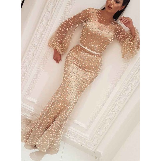 Wholesale Elegant Long Sleevess Prom Dresses Sheath Beaded Evening Dresses