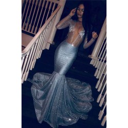 Chic V-neck Charming Sequins Long Sleeves Prom Dresses Mermaid Sheer Tulle Evening Gowns