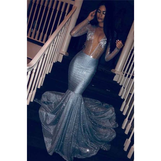Chic V-neck Charming Sequins Long Sleeves Prom Dresses Mermaid Sheer Tulle Evening Gowns