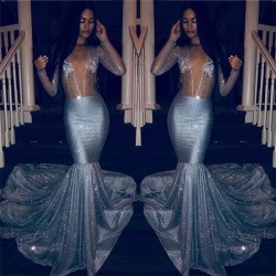 Chic V-neck Charming Sequins Long Sleeves Prom Dresses Mermaid Sheer Tulle Evening Gowns