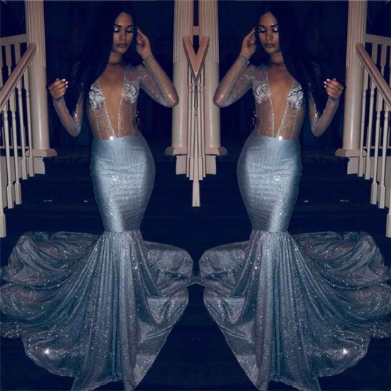Chic V-neck Charming Sequins Long Sleeves Prom Dresses Mermaid Sheer Tulle Evening Gowns