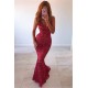 Chic Backless Mermaid Prom Dresses Long Red V-Neck Sleeveless Evening Dress