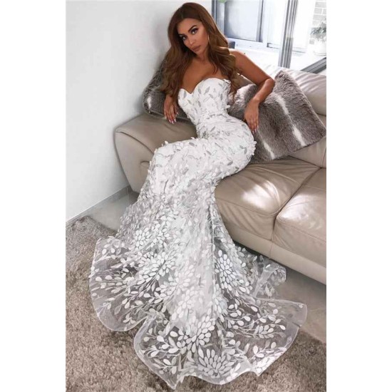 Open Back Leaf Appliques Chic Prom Dresses Mermaid Sweetheart Evening Dress