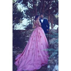 Sleeveless Candy Pink Evening Dresses On Sale Straps Appliques Chic Prom Dresses