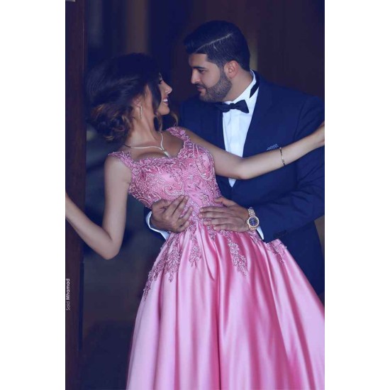 Sleeveless Candy Pink Evening Dresses On Sale Straps Appliques Chic Prom Dresses