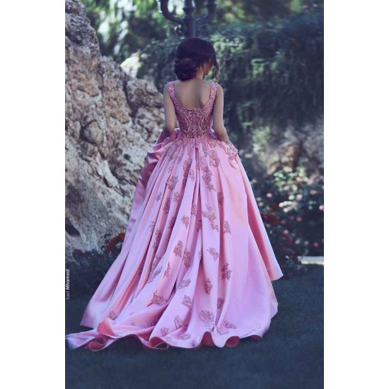 Sleeveless Candy Pink Evening Dresses On Sale Straps Appliques Chic Prom Dresses