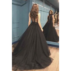 High Neck Black Tulle Chic Prom Dresses New Arrival Sleeveless Beads Sequins Evening Gowns
