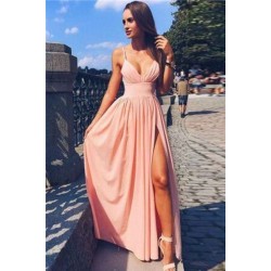 Chic Pink Evening Dress Side Slit Deep V-Neck Spaghetti Straps Formal Dresses