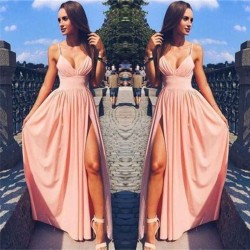 Chic Pink Evening Dress Side Slit Deep V-Neck Spaghetti Straps Formal Dresses