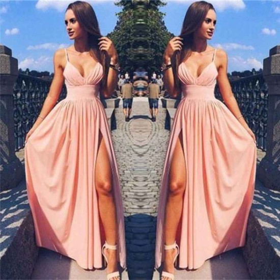 Chic Pink Evening Dress Side Slit Deep V-Neck Spaghetti Straps Formal Dresses