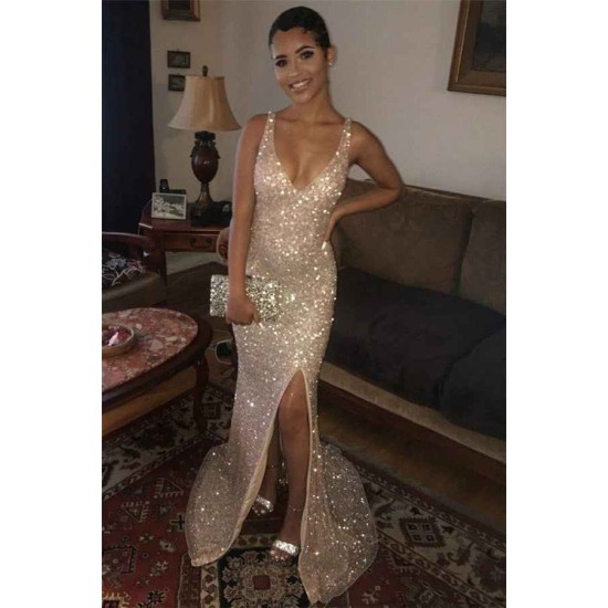 Mermaid Chic Sequins Straps V-Neck Side-Slit Evening Dresses