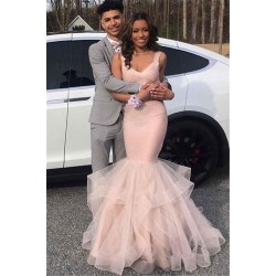 Gorgeous Pink Hot V-Neck Prom Dresses Mermaid Falbala Soft Tulle Sleeveless Chic Evening Dresses
