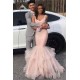 Gorgeous Pink Hot V-Neck Prom Dresses Mermaid Falbala Soft Tulle Sleeveless Chic Evening Dresses