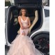 Gorgeous Pink Hot V-Neck Prom Dresses Mermaid Falbala Soft Tulle Sleeveless Chic Evening Dresses