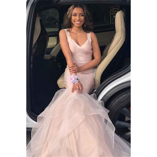 Gorgeous Pink Hot V-Neck Prom Dresses Mermaid Falbala Soft Tulle Sleeveless Chic Evening Dresses