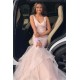 Gorgeous Pink Hot V-Neck Prom Dresses Mermaid Falbala Soft Tulle Sleeveless Chic Evening Dresses