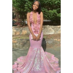 Alluring Halter Applique Glittering Sequins Prom Dresses Ruffles Open Back Chic Mermaid Sleeveless Evening Dresses