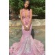 Alluring Halter Applique Glittering Sequins Prom Dresses Ruffles Open Back Chic Mermaid Sleeveless Evening Dresses