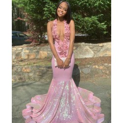 Alluring Halter Applique Glittering Sequins Prom Dresses Ruffles Open Back Chic Mermaid Sleeveless Evening Dresses
